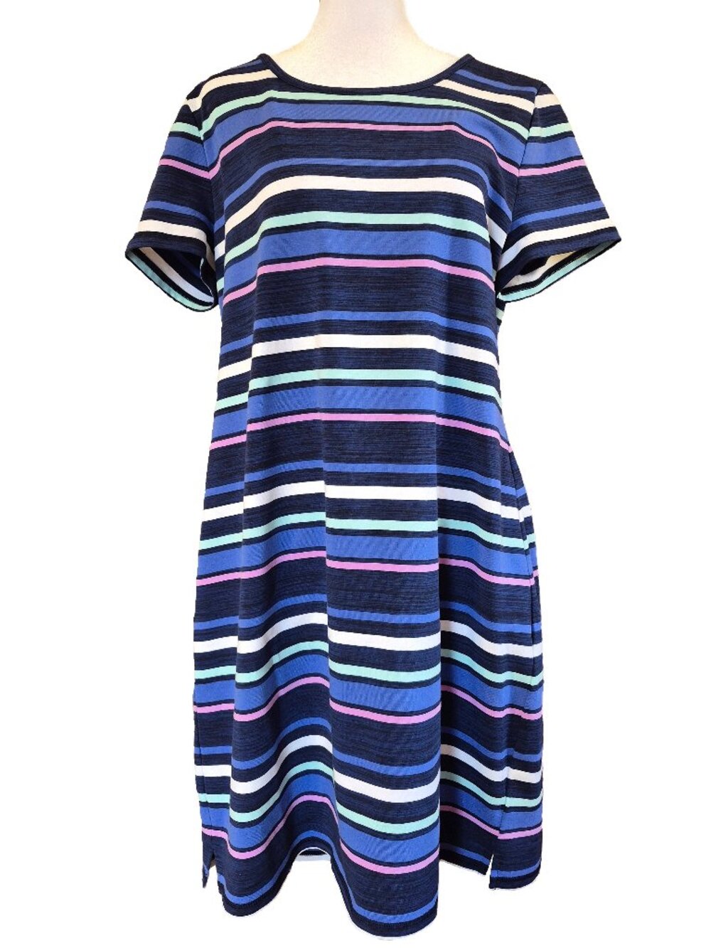T by Talbots Ruched Drawstring Back T-Shirt Dress Blue Striped Athletic Sz L